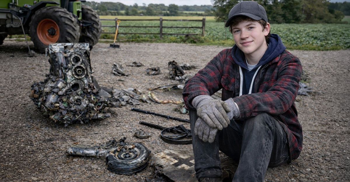 Teen boy sitting beside pieces of a WWII plane wreckage