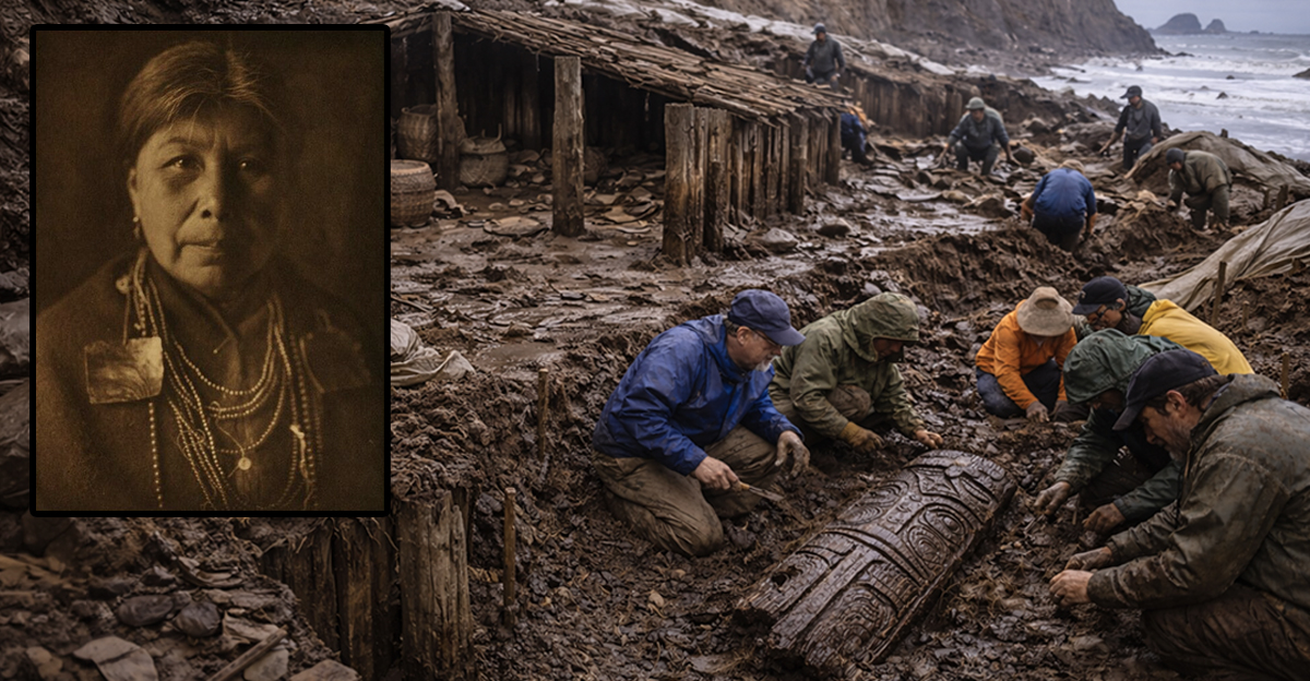 Muddy beach excavation with insert of Makah tribe woman.