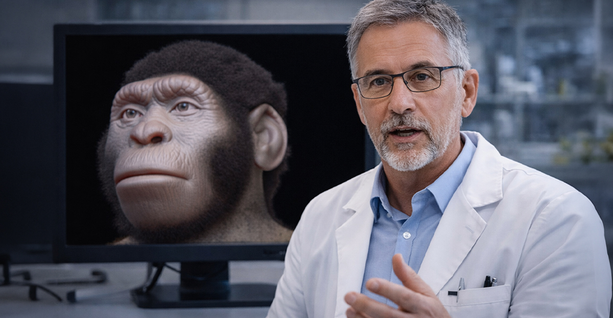 Scientist with an ancient human species on a screen behind him
