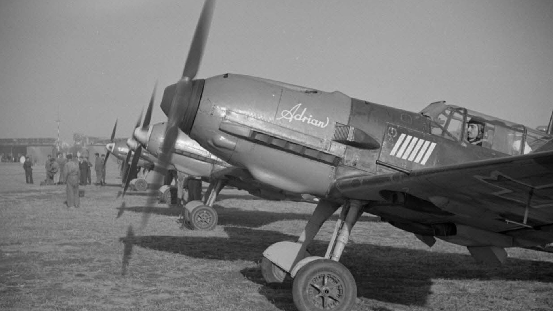 German Messerschmitt Bf-109 fighter planes used by Romanian pilots of the 7th Fighter Group (Grupul 7 Vânătoare). In the foreground, Captain Alexandru Șerbănescu's Bf 109E nicknamed