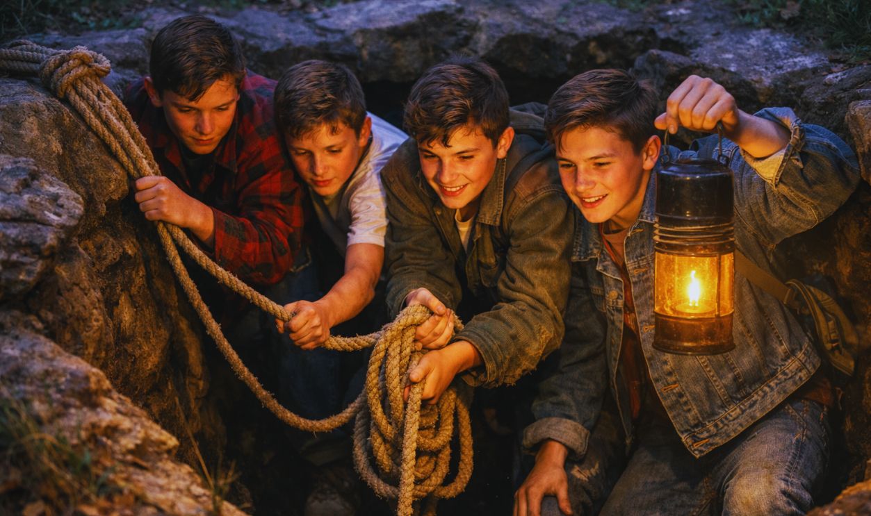 Friends putting rope to check the cave