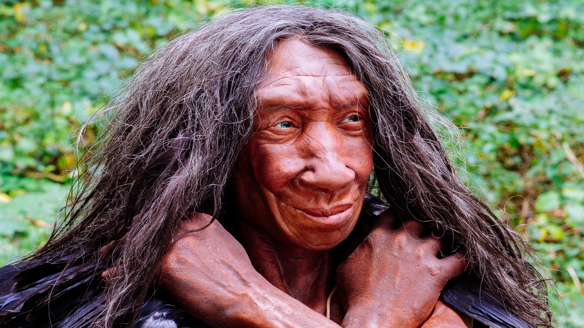 Lebend-Rekonstruktion im Neanderthal-Museum (Erkrath, Mettmann) eines Homo sapiens neanderthalensis (Ausschnitt des Originalfotos), Fundort Gibraltar