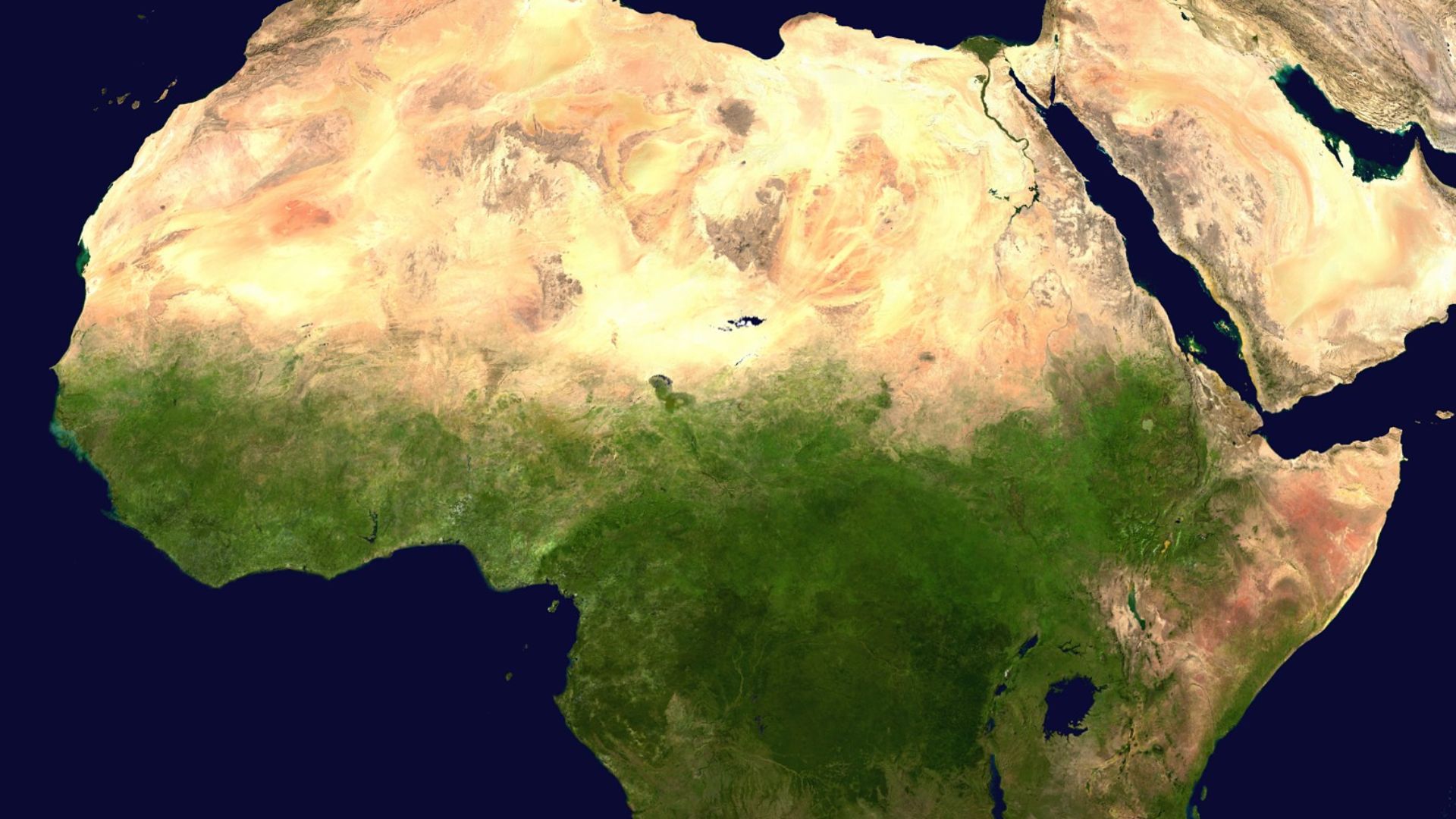 A composed satellite photograph of Africa in orthographic projection. This is NASA