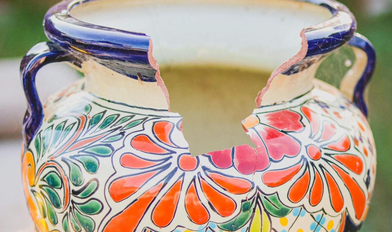 Colorful Broken Ceramic Pot in Outdoor Setting