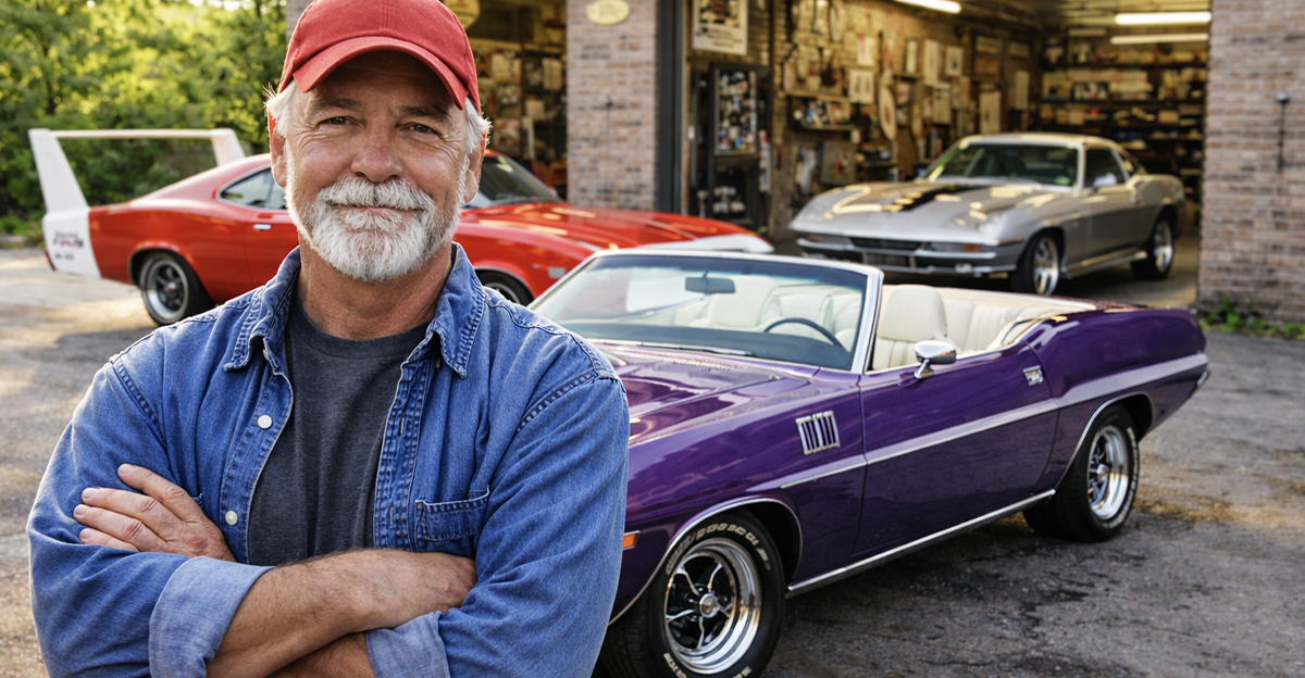 Man standing in front of classic muscle cars