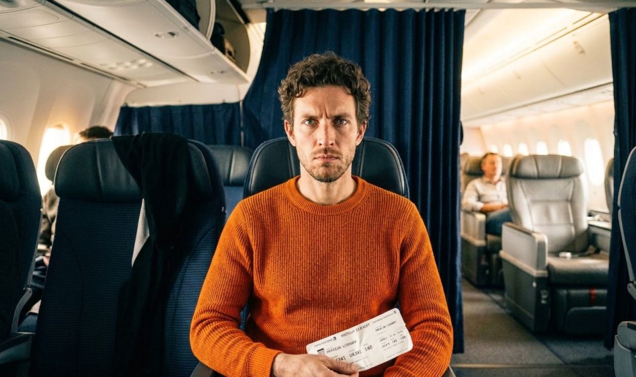 man holding boarding pass inside airplane