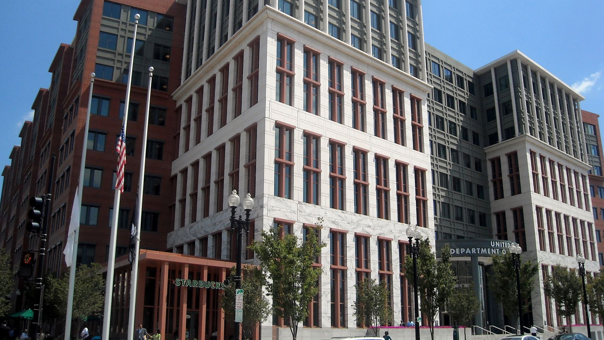 The entrance to the United States Department of Transportation headquarters (as viewed from the intersection of M Street and New Jersey Avenue, S.E.), located at 1200 New Jersey Avenue, S.E., in the Navy Yard neighborhood of Washington, D.C.
