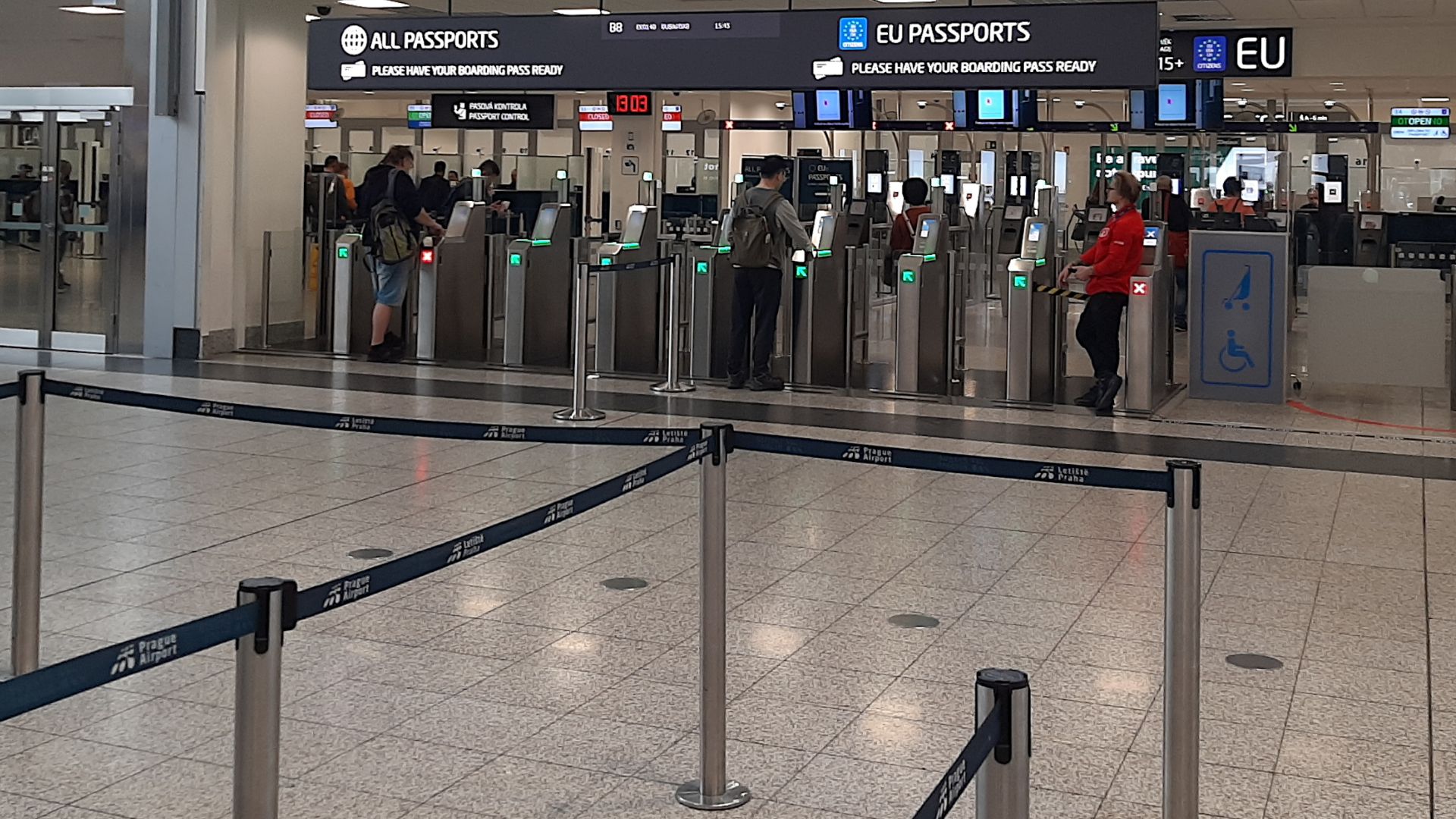 Security check in Terminal 1, Václav Havel Airport Prague.