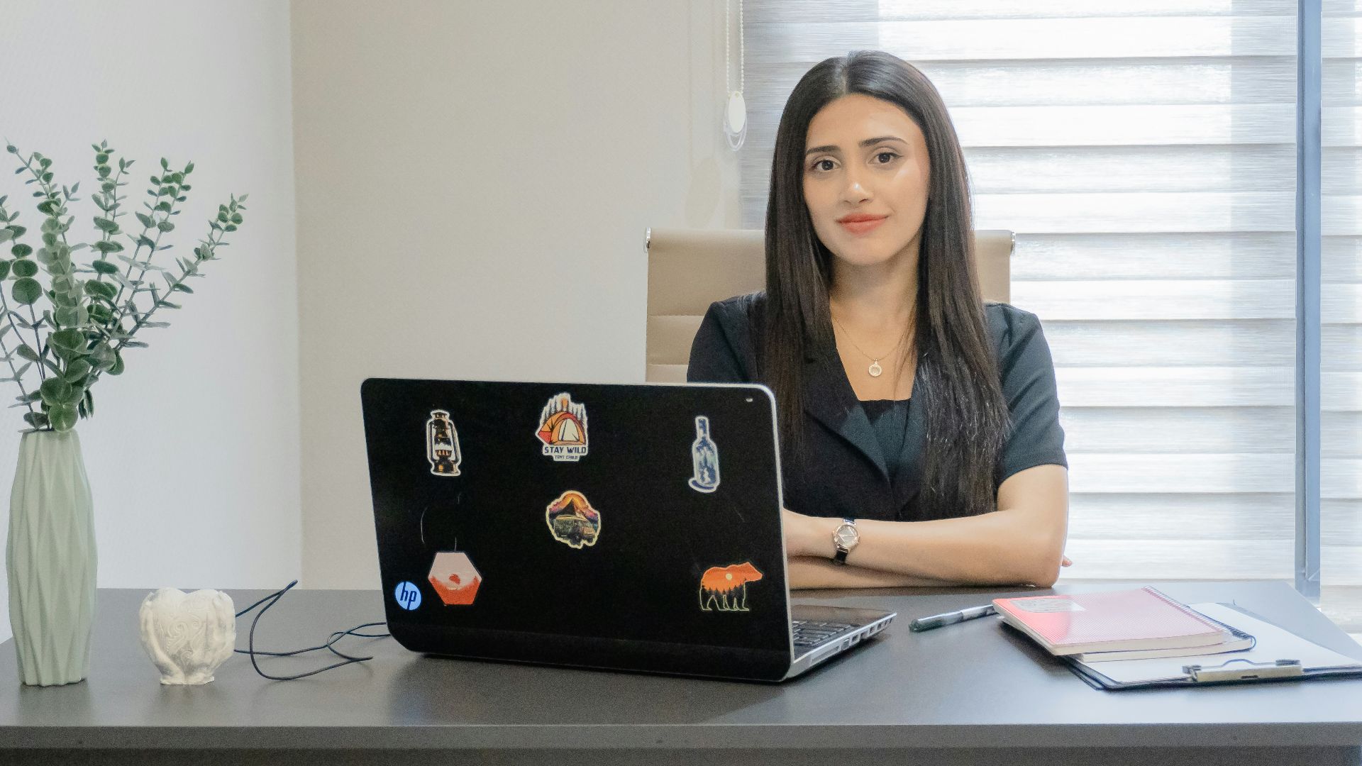 Woman sitting at a desk with a laptop.
