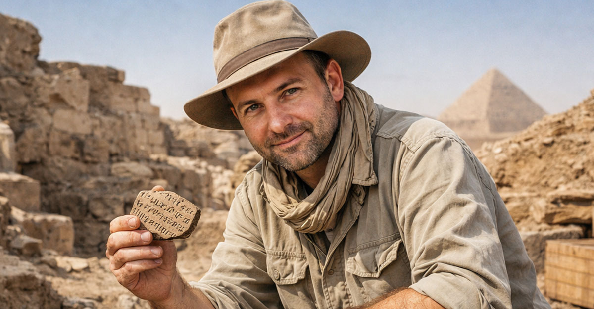 AI-generated image of an archaeologist with an ancient Egyptian ostraca