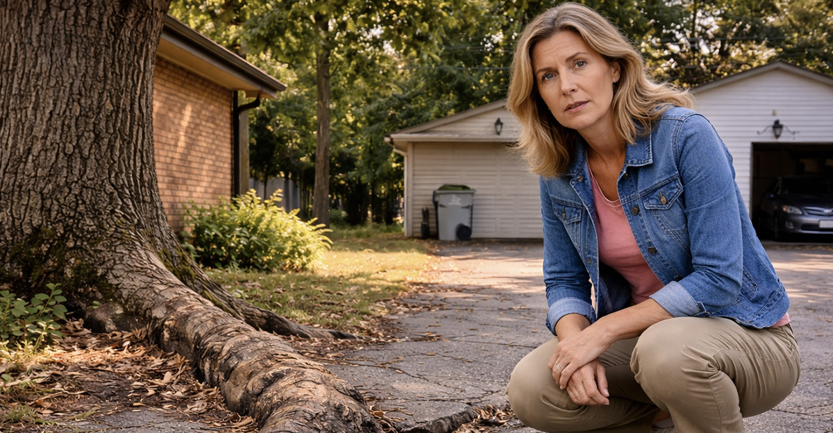 AI-generated image of a woman concerned about her neighbor's tree roots damaging her driveway.