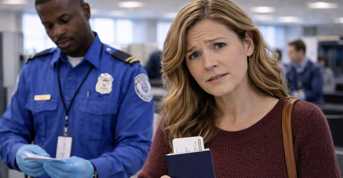 AI-generated image of a woman concerned about her boarding pass and TSA