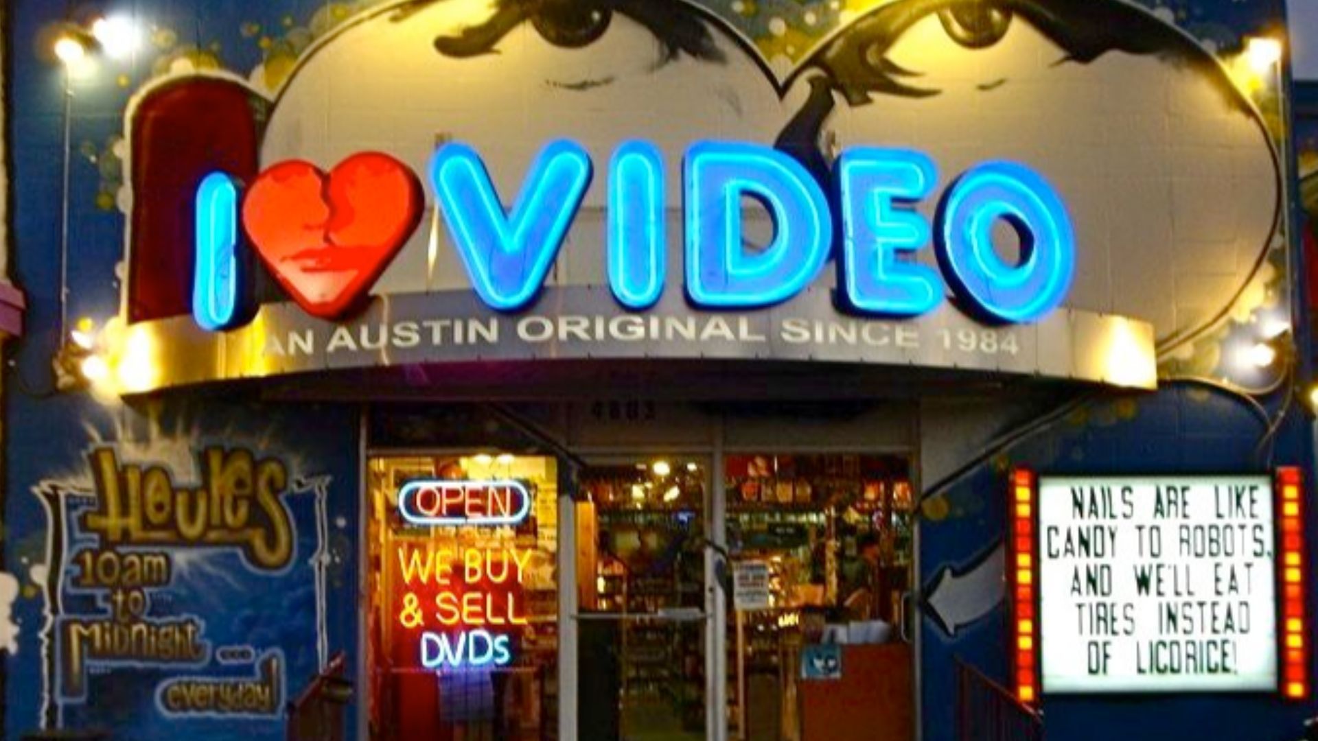 This is the storefront of I Luv Video's location at 4803 Airport Blvd Austin, TX 78751