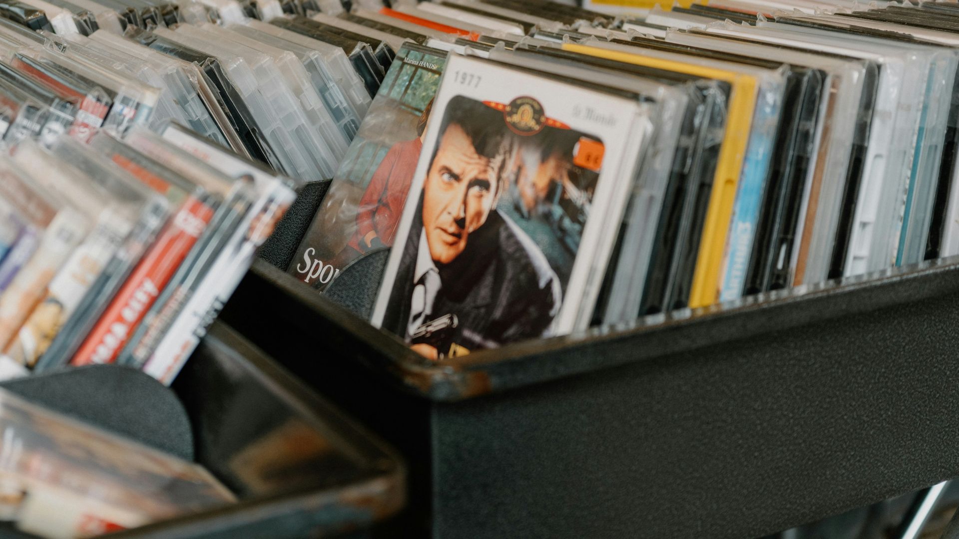 Rows of dvds and cds displayed for sale
