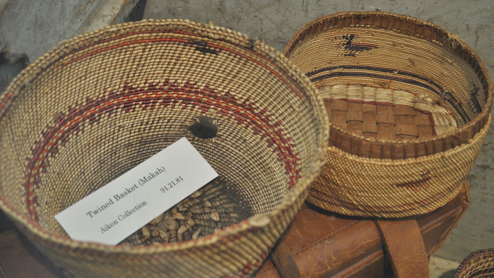 Makah baskets on display at Polson Museum, Hoquiam, Washington, USA.