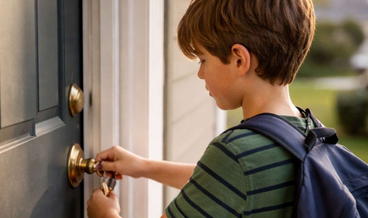 Boy unlocking the front door