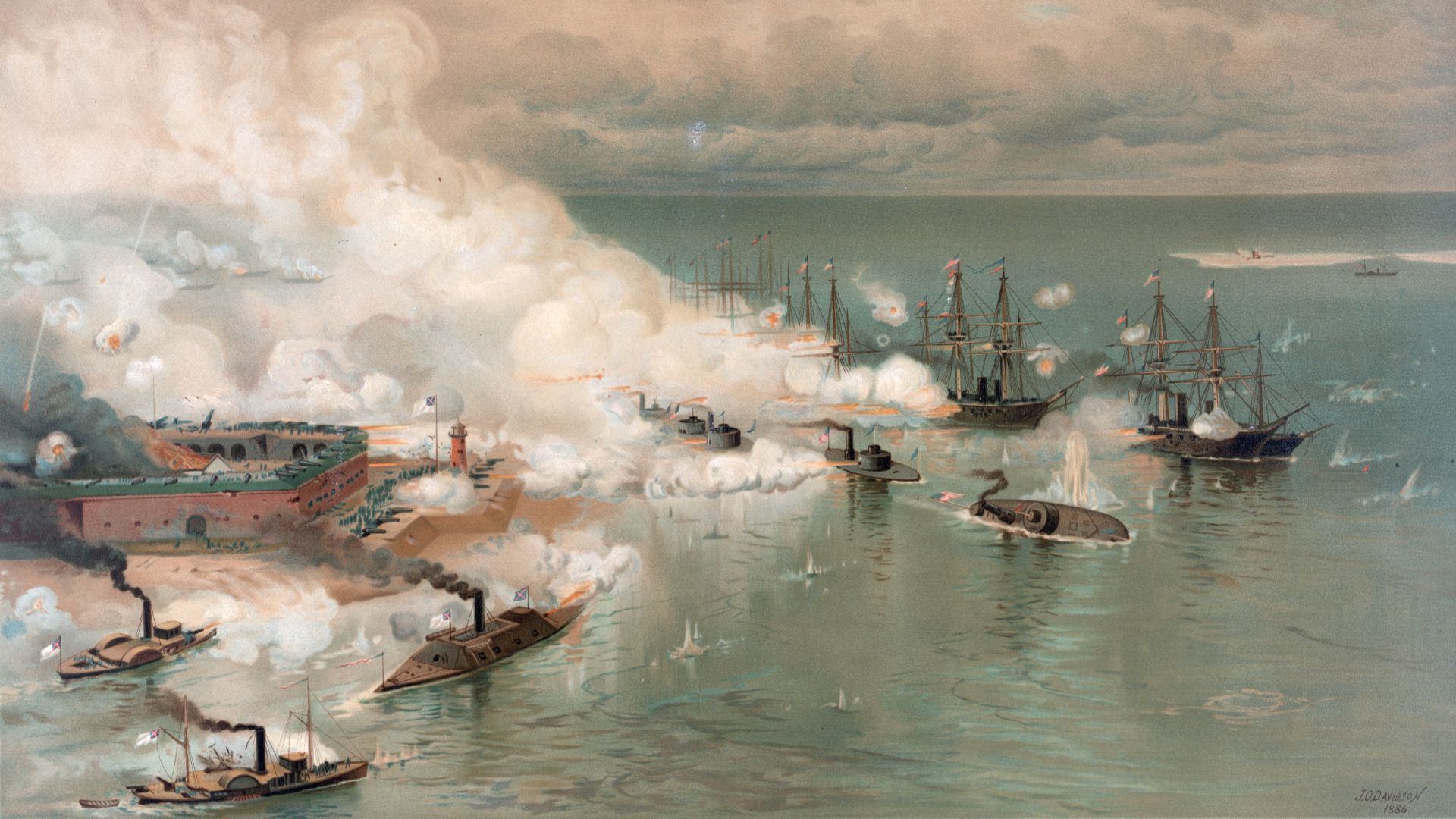 Battle of Mobile Bay, by Louis Prang. At left foreground is the CSS Tennessee; at the right the USS Tecumseh is sinking.