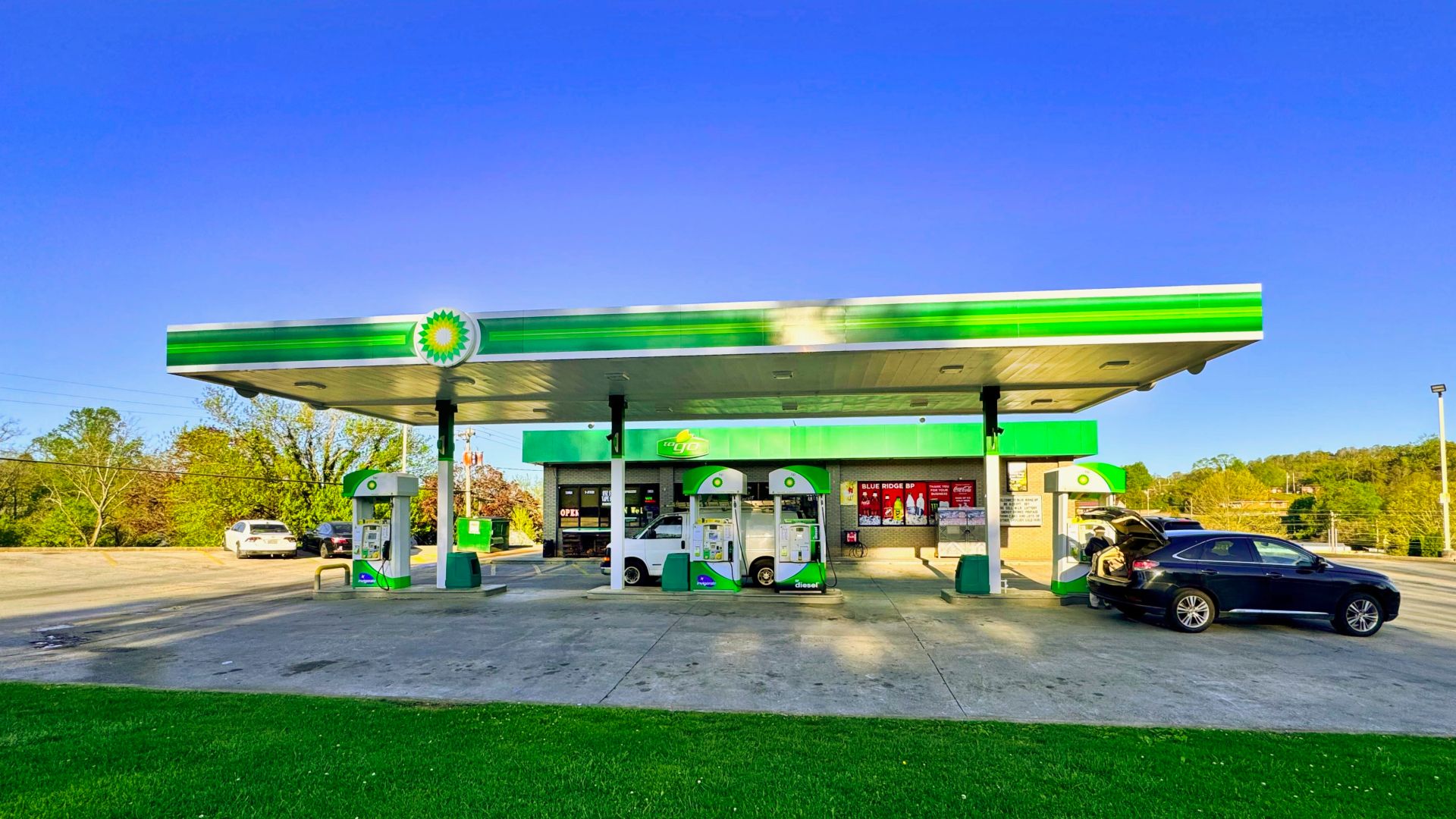 A modern BP gas station or filling station in the United States