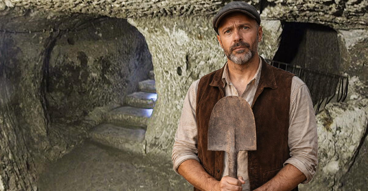 A man with a shovel standing in front of the Derinkuyu Underground City