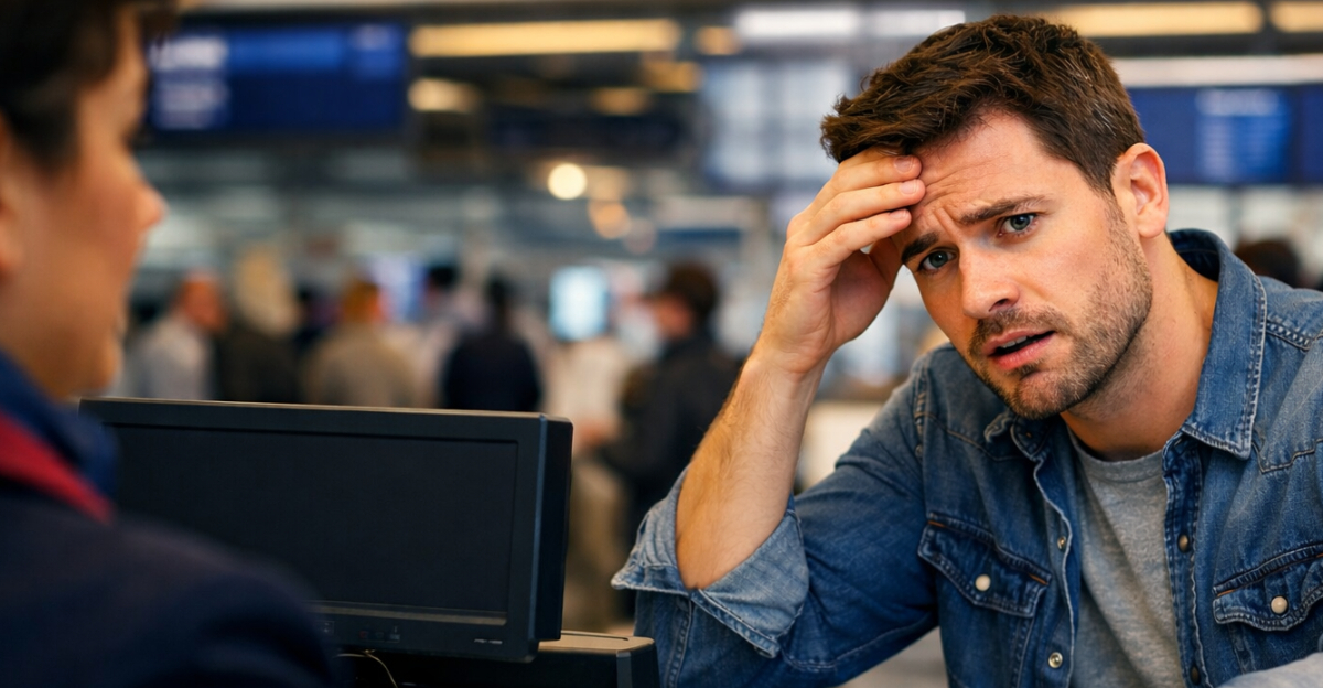Man frustrated at airport counter