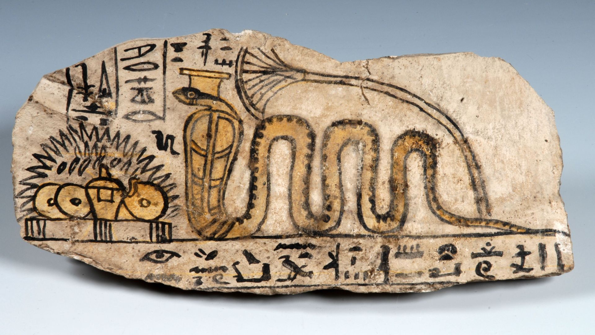 Inv. no. : Cat. 1522
Material: Stone / limestone, paint
Dimensions: 11 x 23 x 2.5 cm
Date: 1187–1150 BCE
Period: New Kingdom
Dynasty: Twentieth Dynasty
Reign: Ramesses III / Ramesses IV
Provenance: Deir el-Medina
Acquisition: Drovetti collection (1824)

Museum location: Sala 06 Vetrina 07