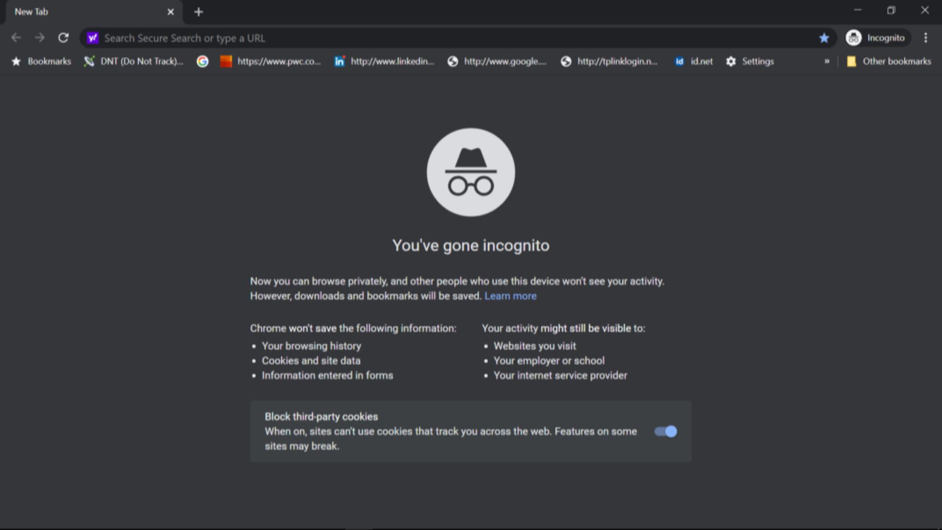 The landing page of incognito mode in Google Chrome.