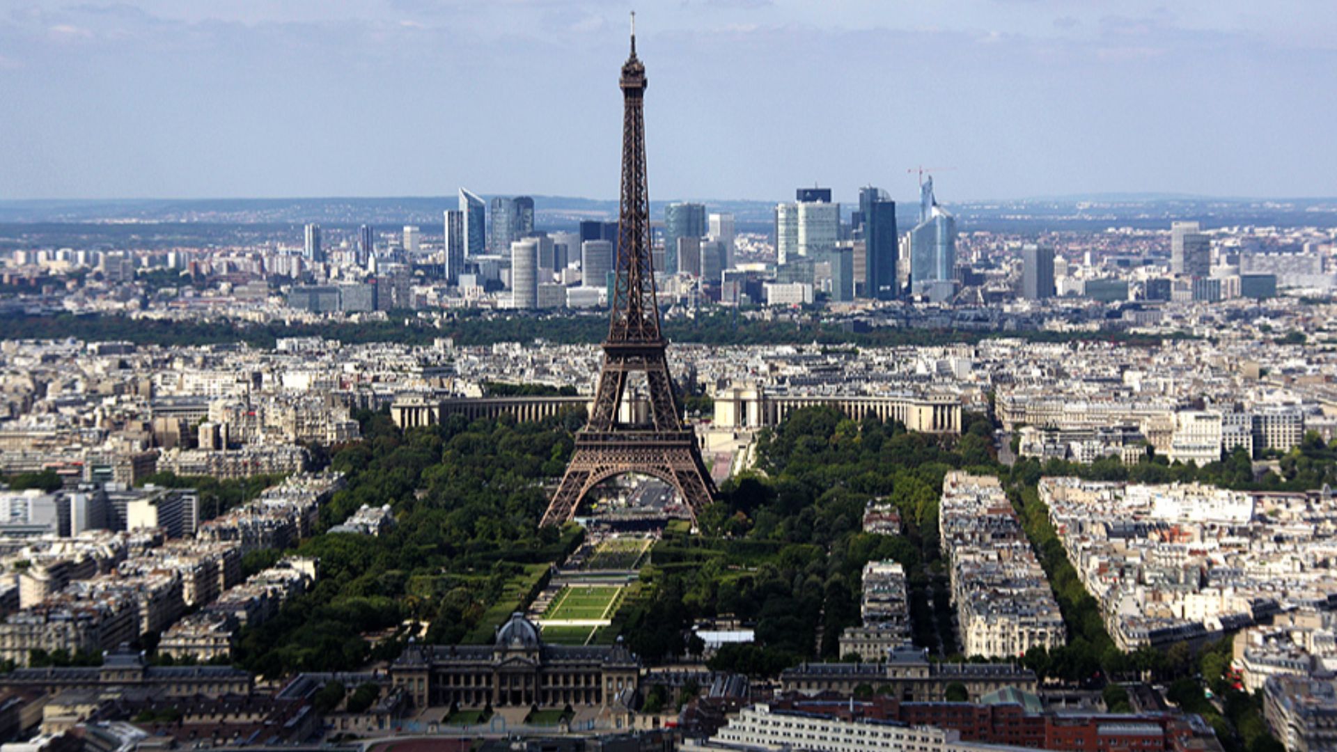 Eiffel Tower, in front - Champ de Mars, behind - la Défense