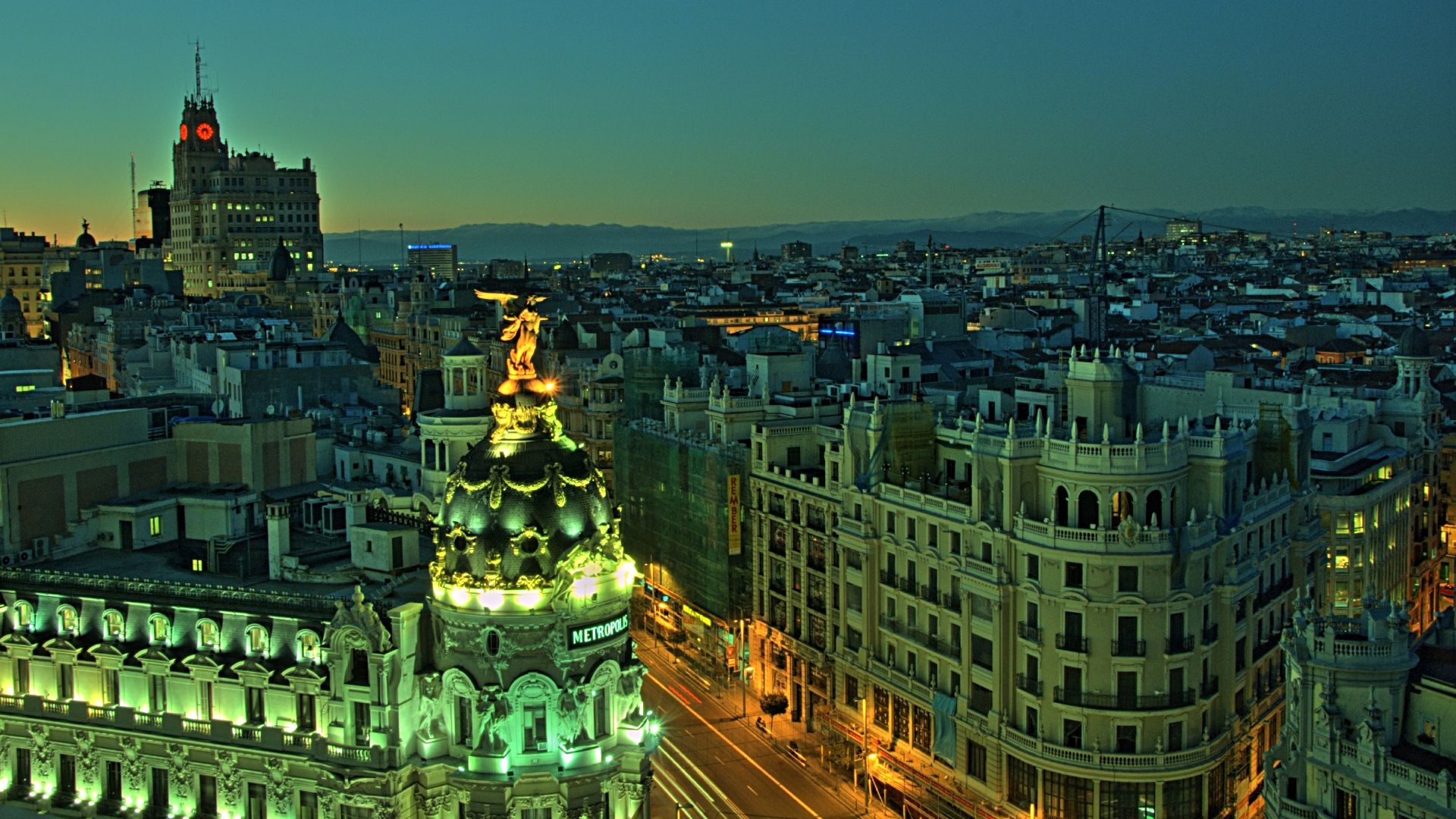 View of Madrid (Spain) from Círculo de Bellas Artes' flat roof (downtown). Foreground: Metropolis Building and Gran Vía (avenue).