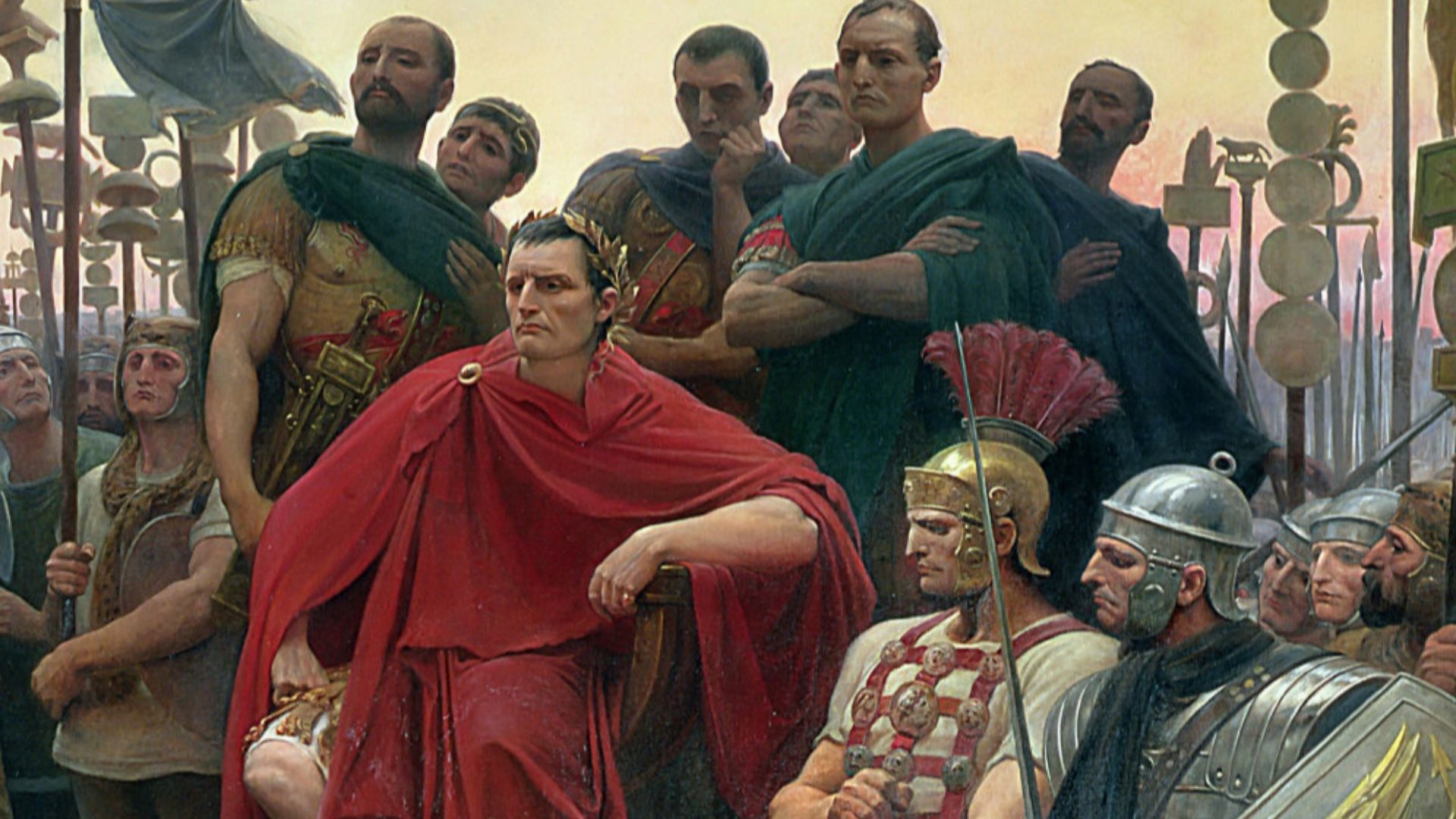 The painting depicts the surrender of the Gallic chieftain after the Battle of Alesia (52 BC).  The depiction of Gauls with long hair and mustaches is also called into question today. The horse is a Percheron, although at this time this breed was not in Gaul. The rectangular shield also does not accord with the time when they were mostly oval. As well as this, the depiction of the soldiers in the 'Lorica Segmentata' armour is not accurate for the period - as standard issue Legionary uniform were the 'Lorica Hamata' used in the late Republican Period.