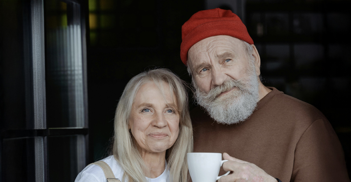 Man in Brown Sweater Holding White Ceramic Mug Beside Woman in White Long Sleeve Shirt