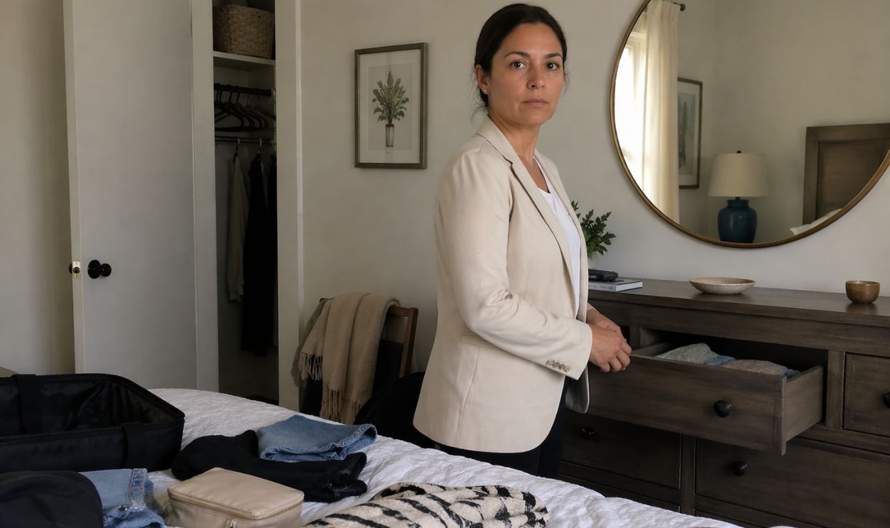 Neutral-toned bedroom in a moment of transition