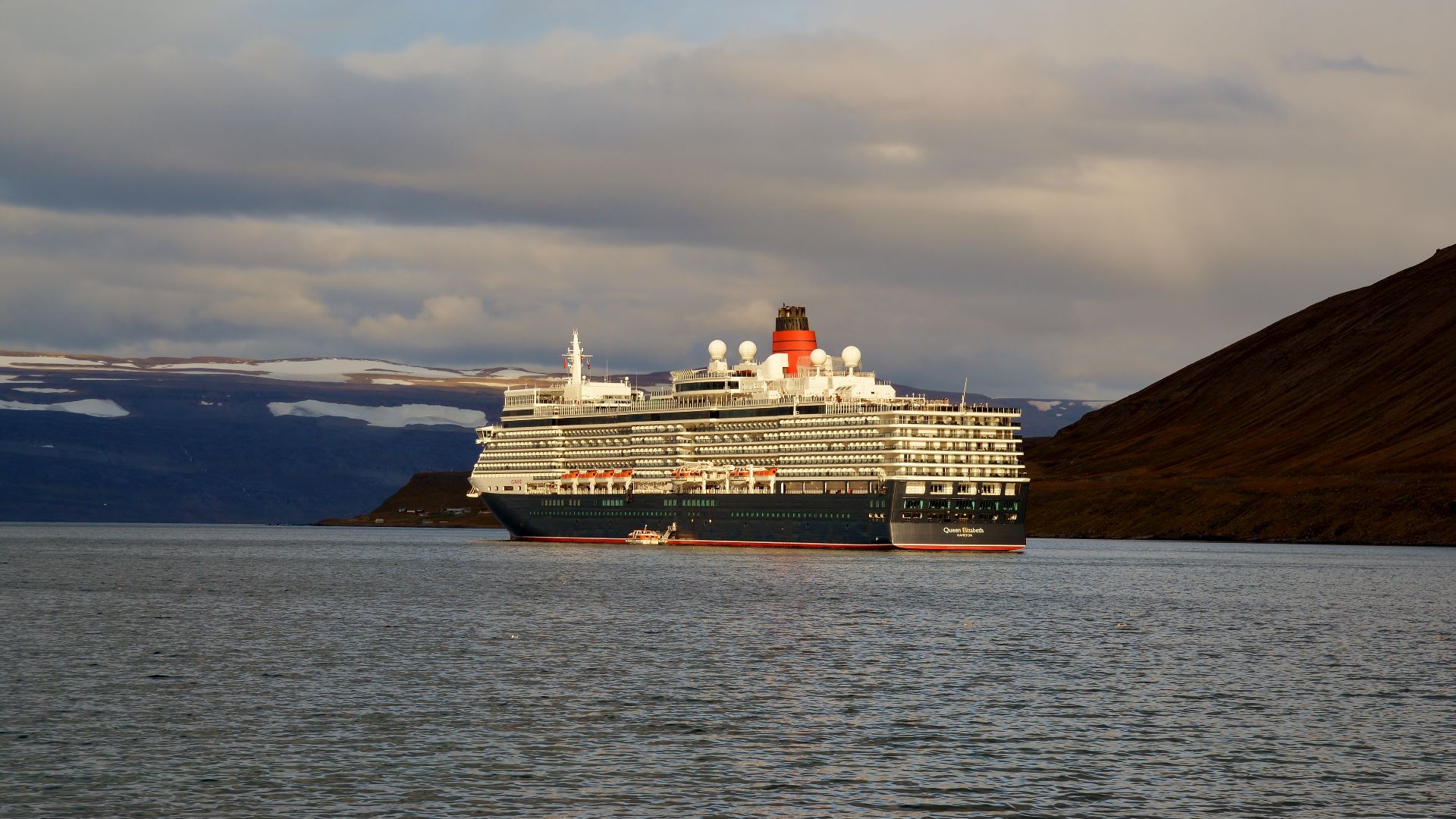 Evening, The Cruise Ship, Queen Elizabeth about to leave Isafordjur, Iceland