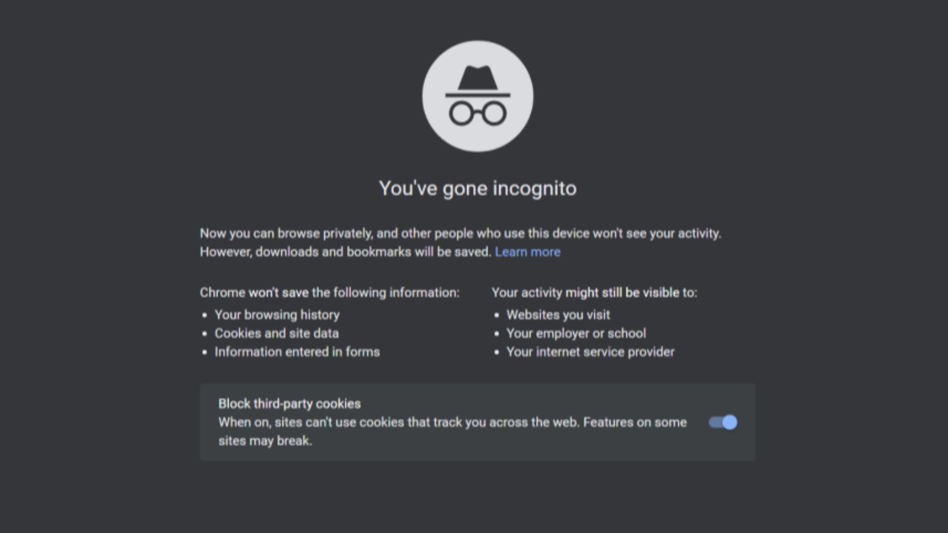 The landing page of incognito mode in Google Chrome.