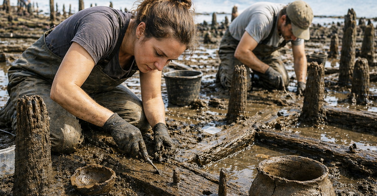 Archaeologists digging on a shoreline.