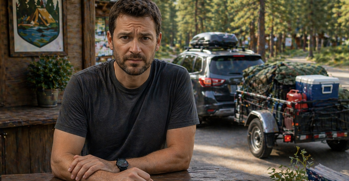 Concerned man at a campground.