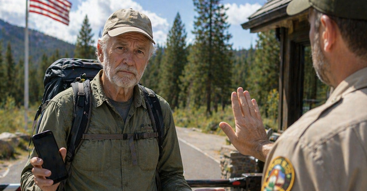 Older male hiker being turned away by a park ranger.