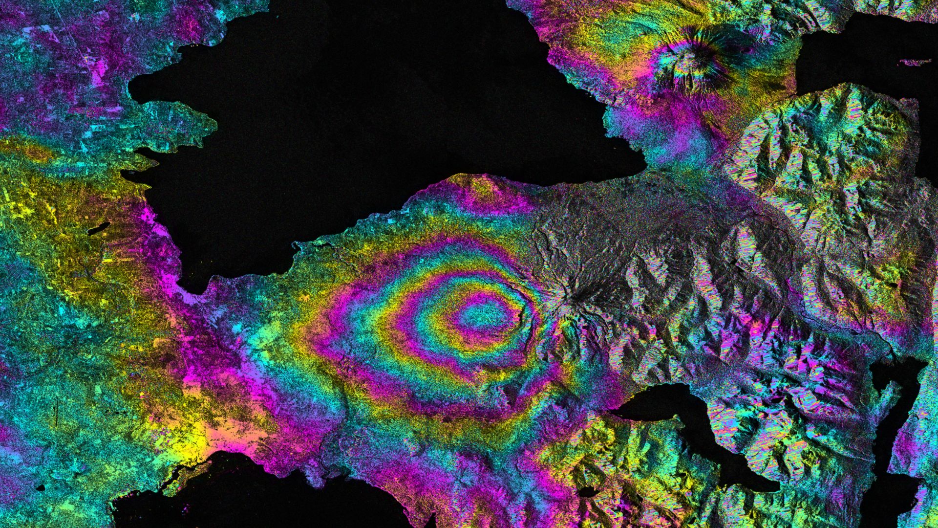 On April 22-23, 2015, significant explosive eruptions occurred at Calbuco volcano, Chile. This was the first eruptive activity at Calbuco since 1972. A satellite interferometric synthetic aperture radar image was created by Paul Lundgren of NASA's Jet Propulsion Laboratory in Pasadena, Calif., using data acquired from the European Space Agency's (ESA) Sentinel-1 radar satellite's C-SAR sensor. This image depicts the relative deformation of Earth's surface using radar data acquired on April 14 and 26, 2015, that span the eruption. The concentric,