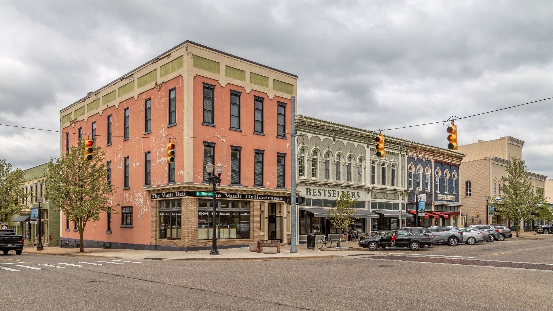 Commercial buildings on South Jefferson Street in Mason, Michigan. The buildings are part of the National Register-listed Courthouse Square Historic District.
