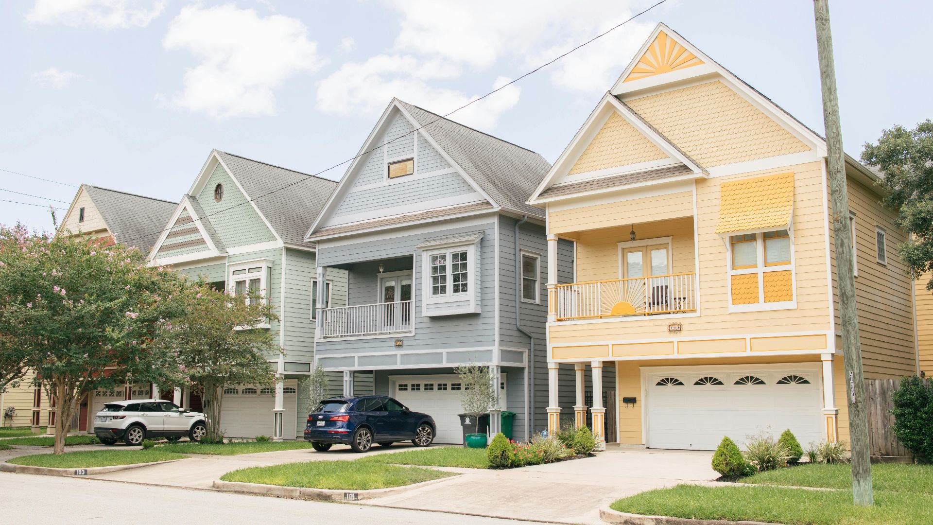 Colorful residential homes in Houston Heights neighborhood, Texas.