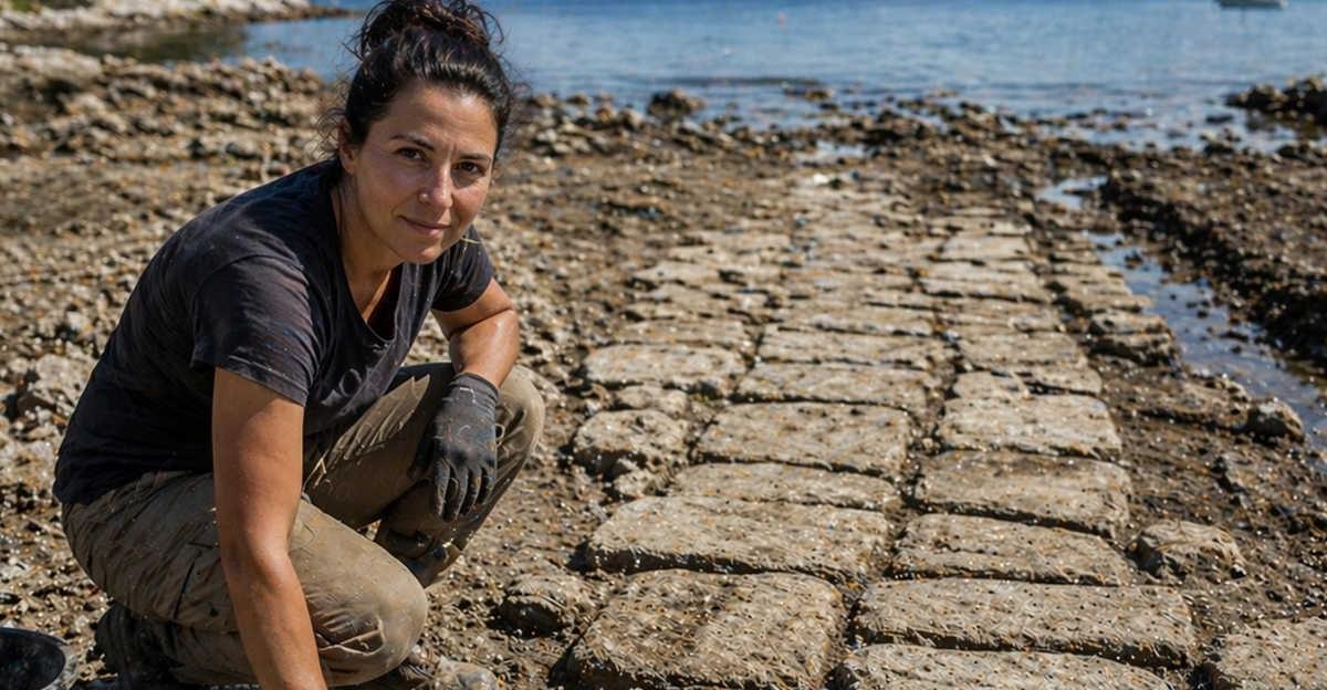 Archaeologist kneeling beside an ancient roadway.