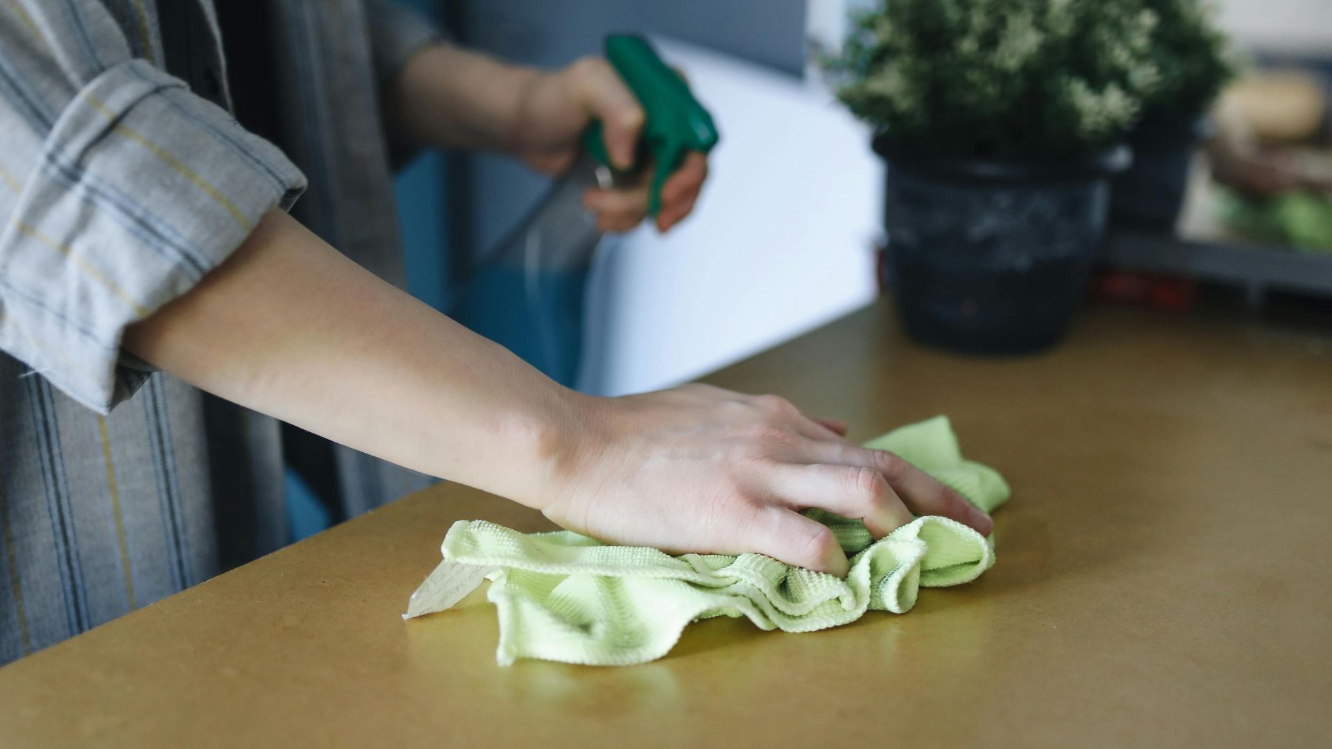 Close-up of a woman wiping a table with a spray bottle and cloth indoors, symbolizing effective housekeeping.