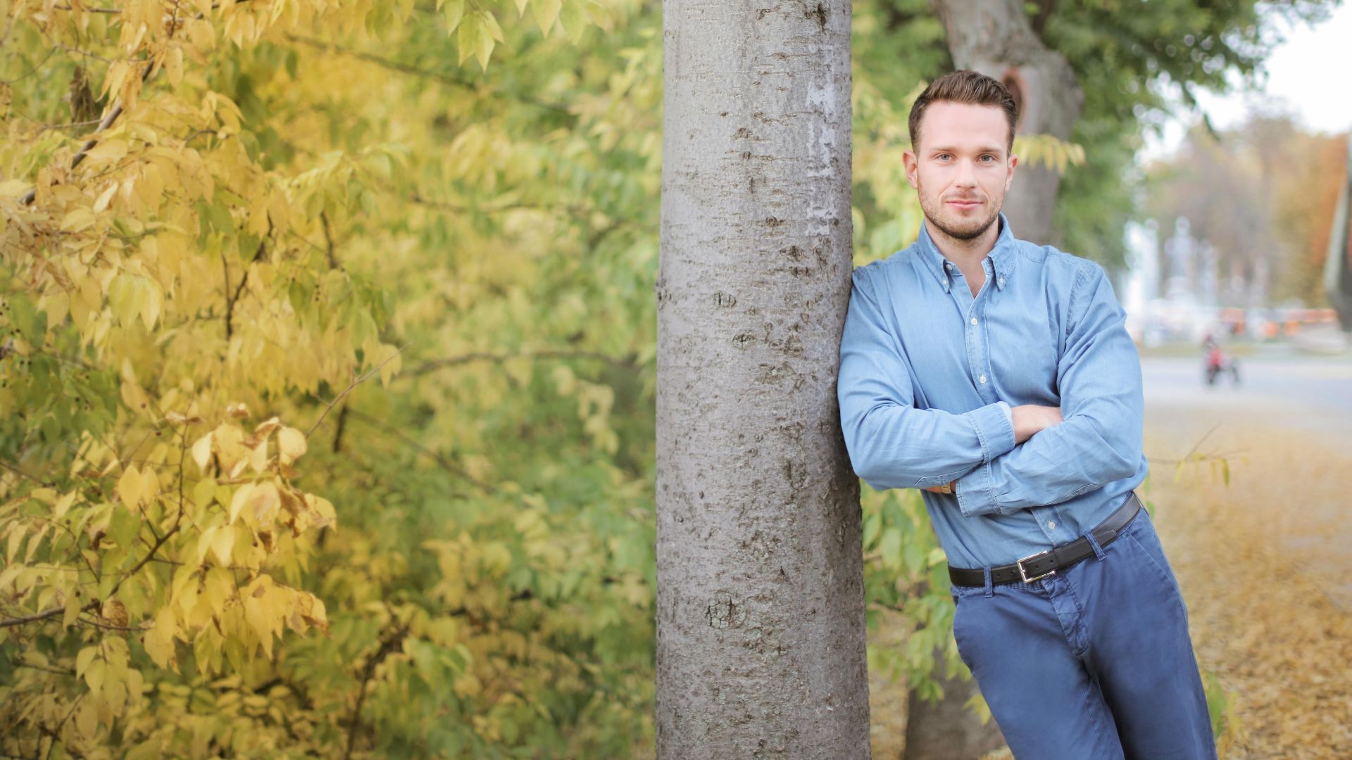 Man in casual wear leaning against a tree in an autumn park with colorful foliage.