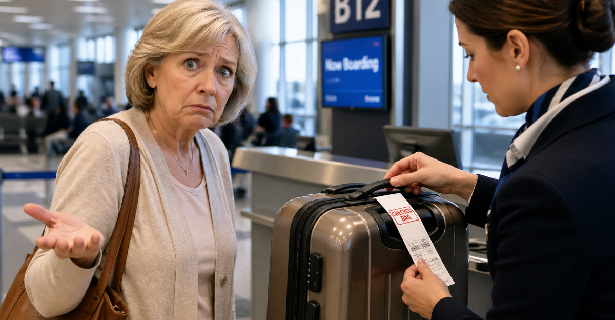 older woman carry on bag becoming checked bag 