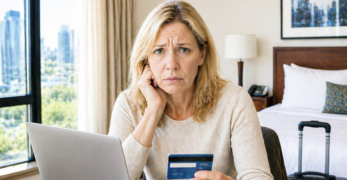 AI-generated image of a woman concerned about hacking via the hotel Wi-Fi.