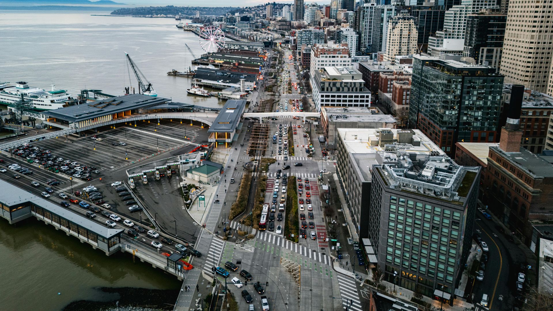 A stunning aerial view of Seattle's waterfront with the iconic skyline and Space Needle.