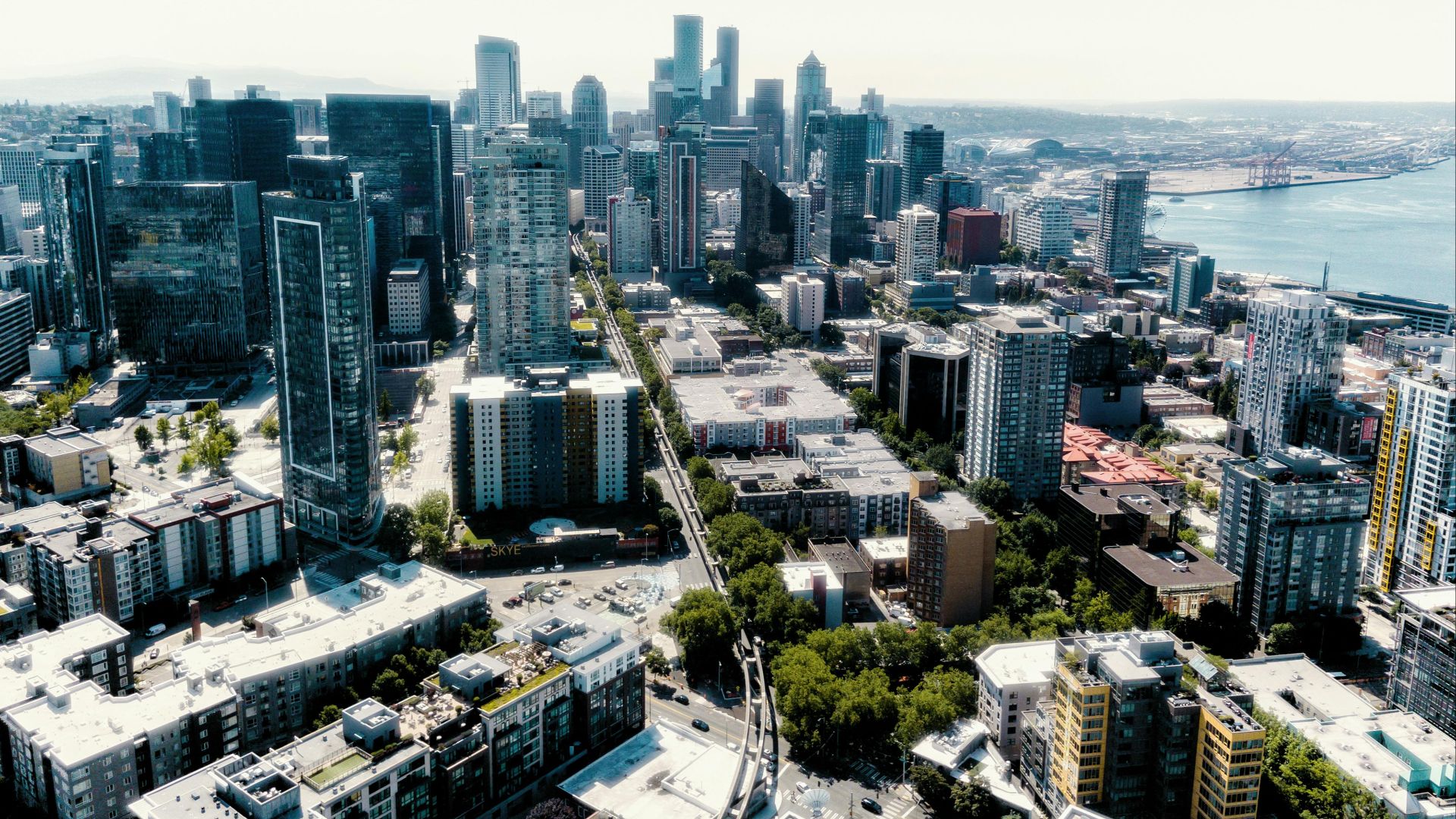 Breathtaking aerial view of Seattle downtown skyline showcasing high-rise architecture and urban sprawl.