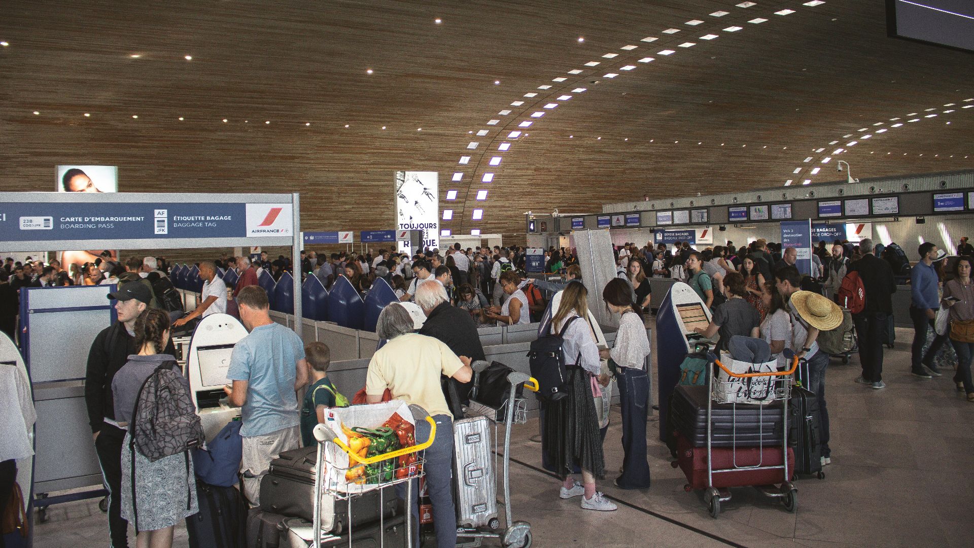 Crowded airport terminal with travellers in line. Indoor setting with modern architecture.