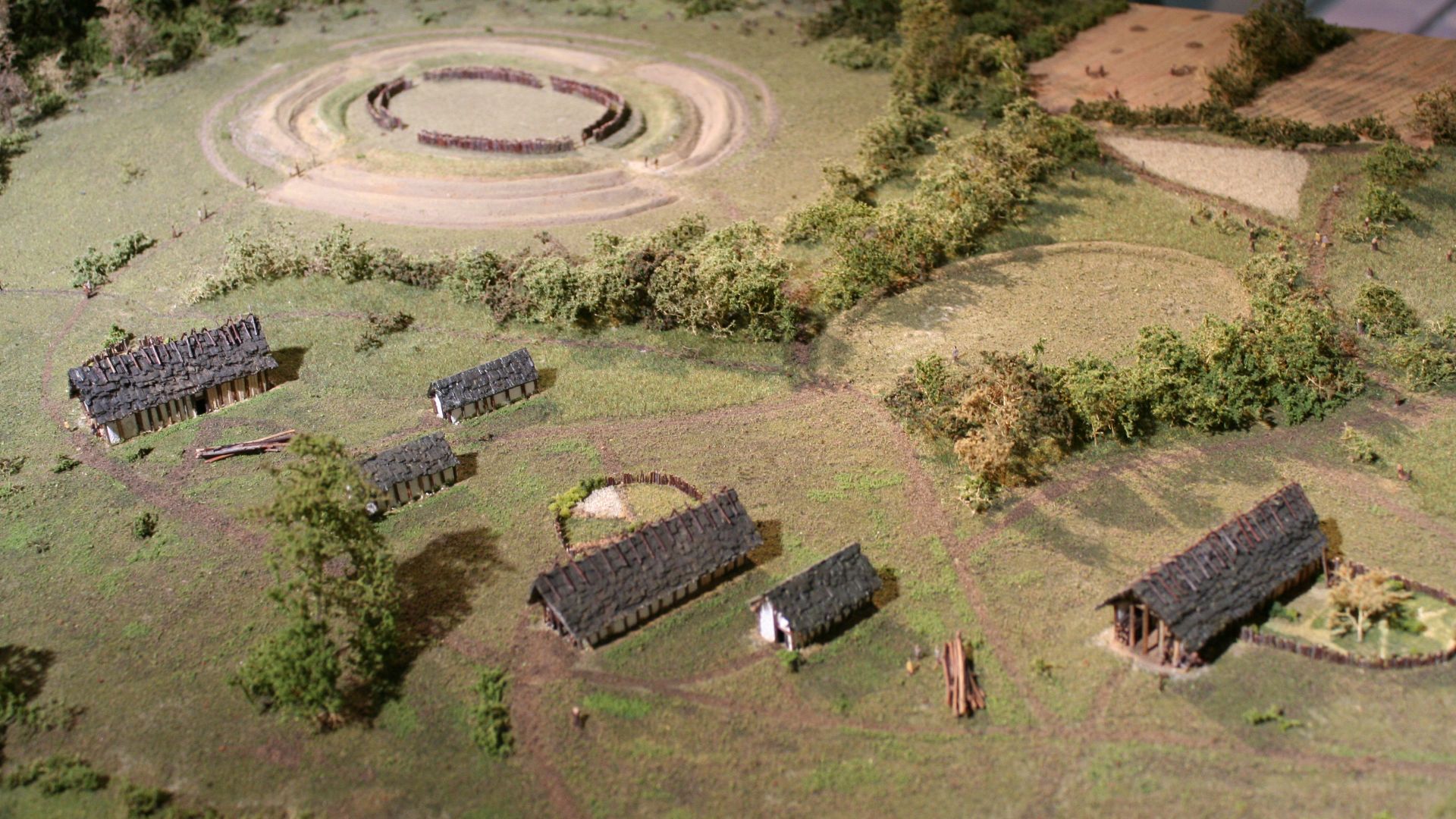 Modell der stichbandkeramischen Siedlungslandschaft mit Kreisgrabenanlagen in Dresden-Nickern; Staatliches Museum für Archäologie Chemnitz