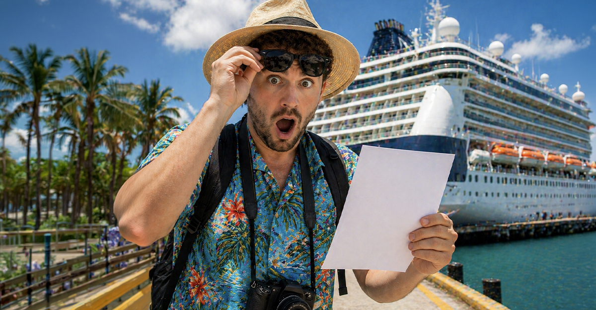 Shocked tourist looking at a cruise ship bill.