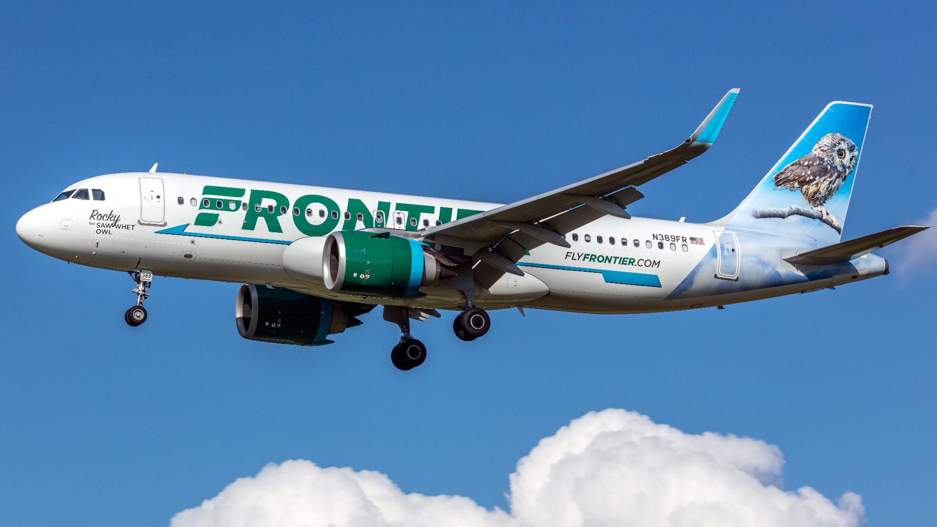 Frontier Airlines Airbus A320neo N389FR on final approach at Baltimore-Washington International Thurgood Marshall Airport, Maryland, USA